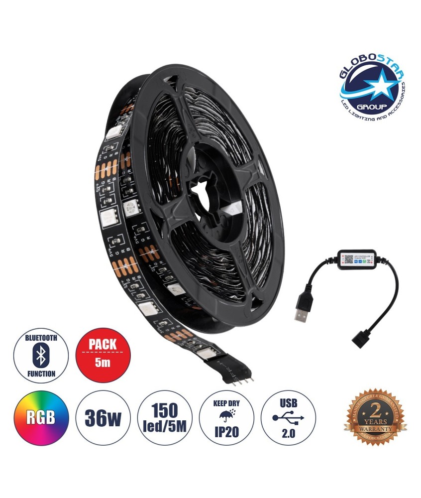 GLOBOSTAR® 90759 Σετ RGB Ταινίας με Λειτουργία μέσω WiFi APP LED 36W-5m 2880lm-m 120° DC 5V με USB 2.0 IP20 150 x SMD 5050 Chip-5m  Πολύχρωμο RGB Dimmable - Μ500 x Π1 x Υ0.2cm - Ρολό 5 Μέτρων - 5 Χρόνια Εγγύηση